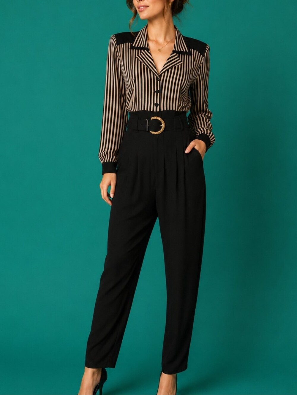 VTG MENU 1980s Striped Belted High Waist Landgirl Power Jumpsuit